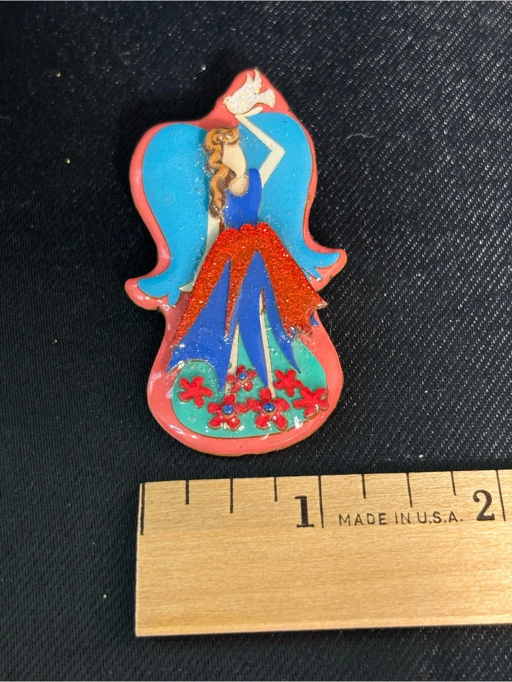 Vintage Angel shaped Pins Brooch By Lucinda - Rare Glitter Fairy Red W/Dove